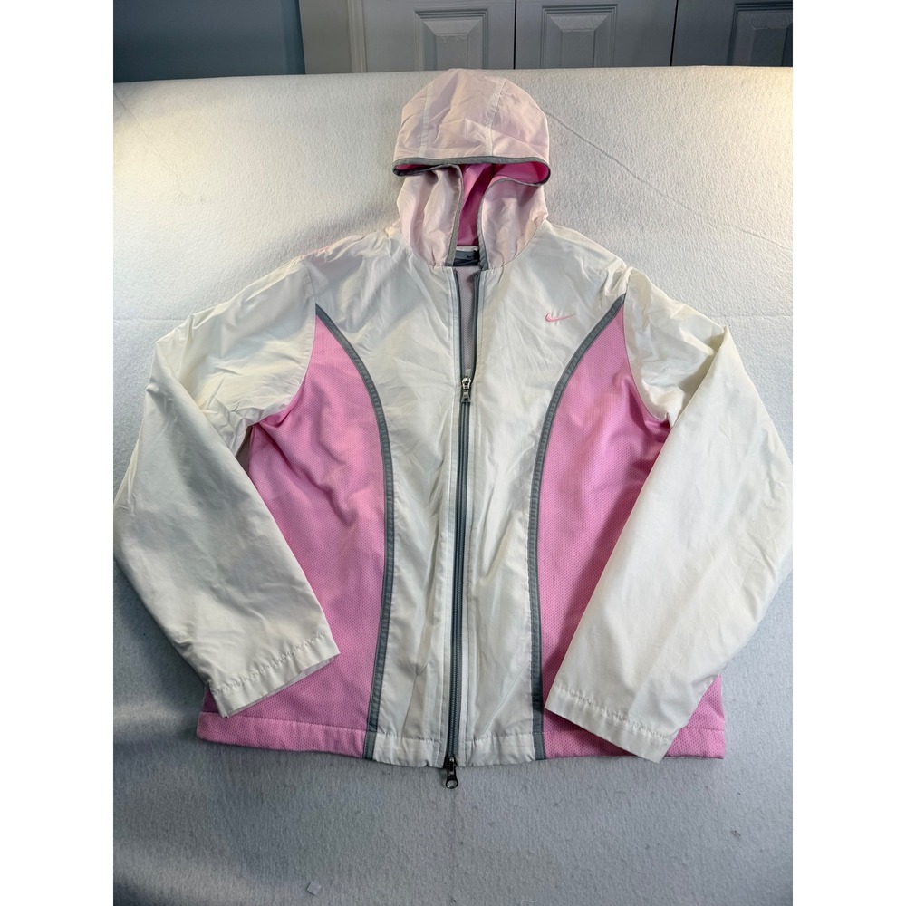 Nike Women's Large Hooded Windbreaker Jacket White Pink Gray Full Zip Y2K